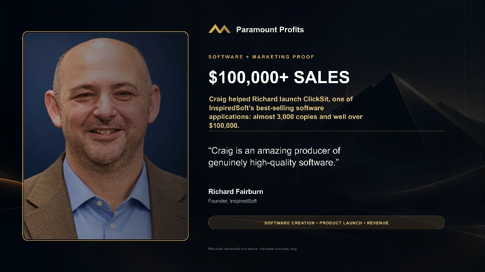 Richard Fairburn, founder of InspiredSoft: $100,000+ sales. Craig helped Richard launch ClickSit, almost 3,000 copies. “Craig is an amazing producer of genuinely high-quality software.”