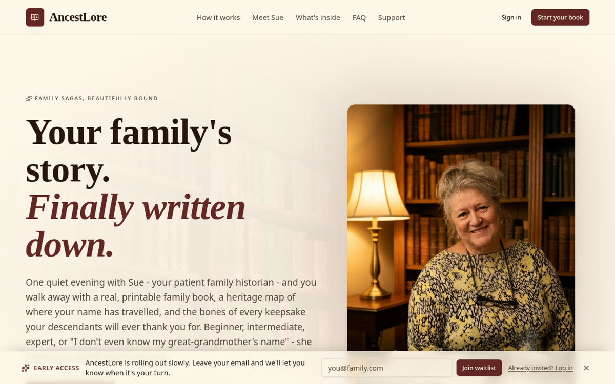 AncestLore front page, built by the Paramount Profits team