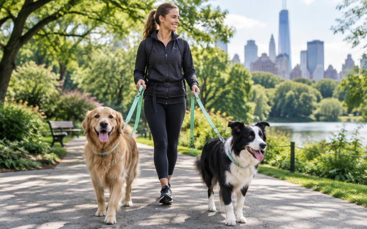 Illustrative dog walking service in a city park